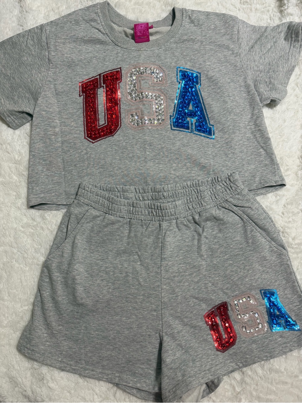 Queen of Sparkles USA Sequin Matching Short Set Gray Sweatshirt Shorts Medium